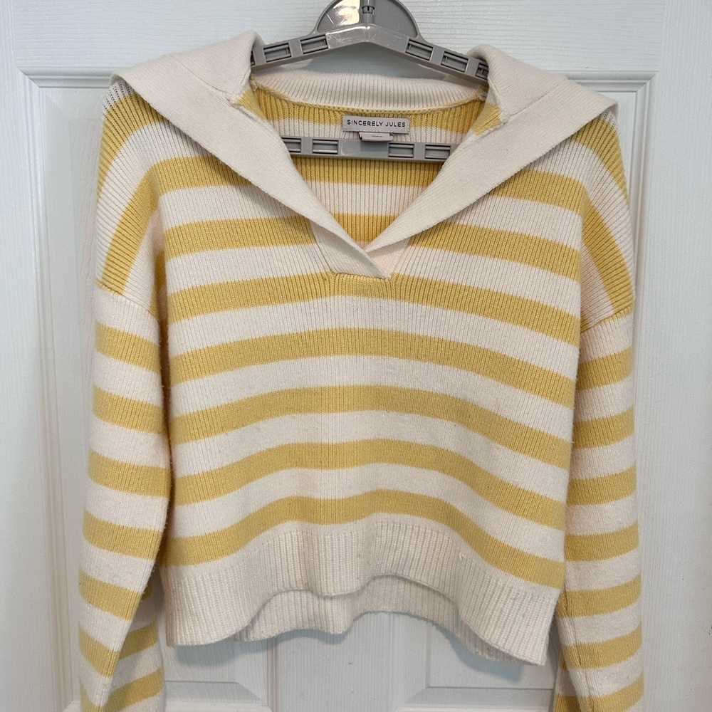 Sincerely Jules Striped Yellow & Cream Crop V Neck Sailor Chunky Sweater Size S